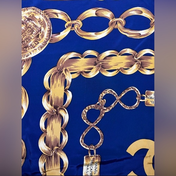 Vintage Chanel Silk Scarf Blue Gold Chains - Picture 2 of 5